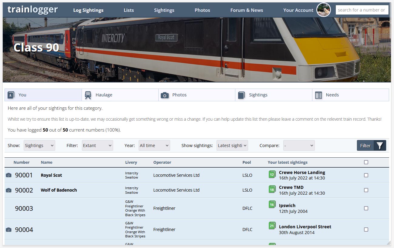 Screenshot of Locomotive & unit lists page